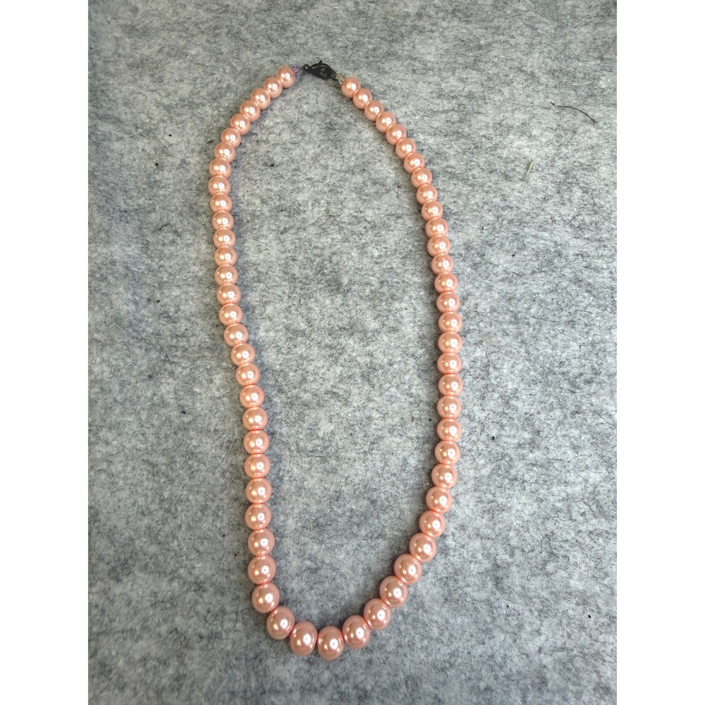 Pink Faux Pearl Strand Necklace Peach Round Bead Lobster Clasp 18 Inch